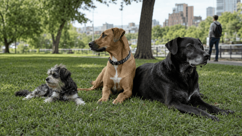 Small, medium and large dogs representing different canine life stages