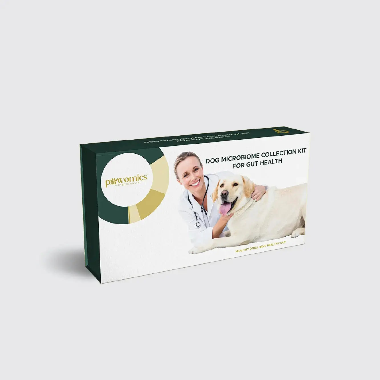 Dog microbiome collection kit for gut health packaging with a person and dog on a white background