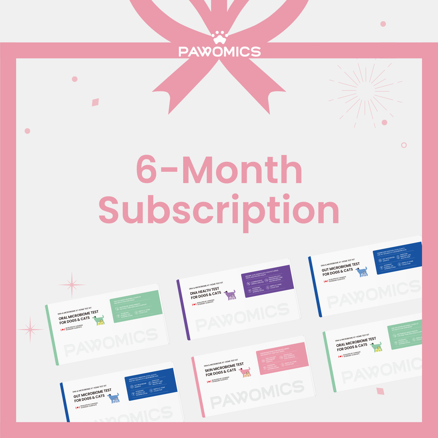 Pawomics 6-Month Subscription package with colorful cards on a white background