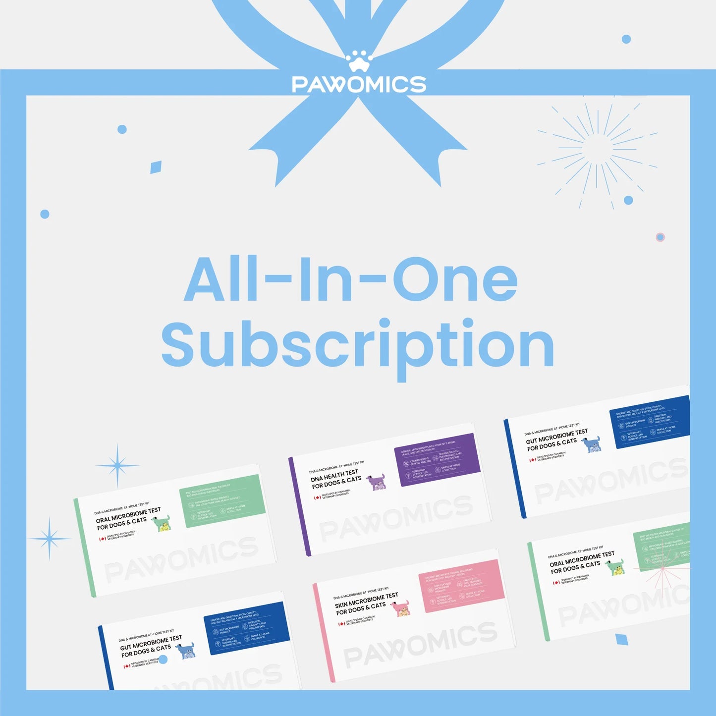 Promotional graphic for Pawomics All-In-One Subscription with colorful cards and brand logo.