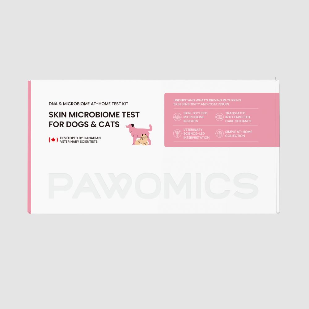 Pawomics skin microbiome test kit for dogs and cats on a white background