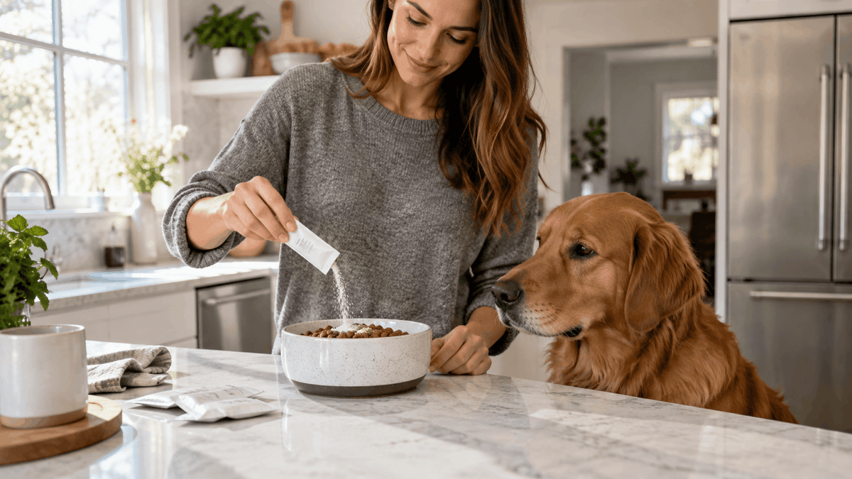 Dog owner adding a daily probiotic supplement to a healthy dog's food