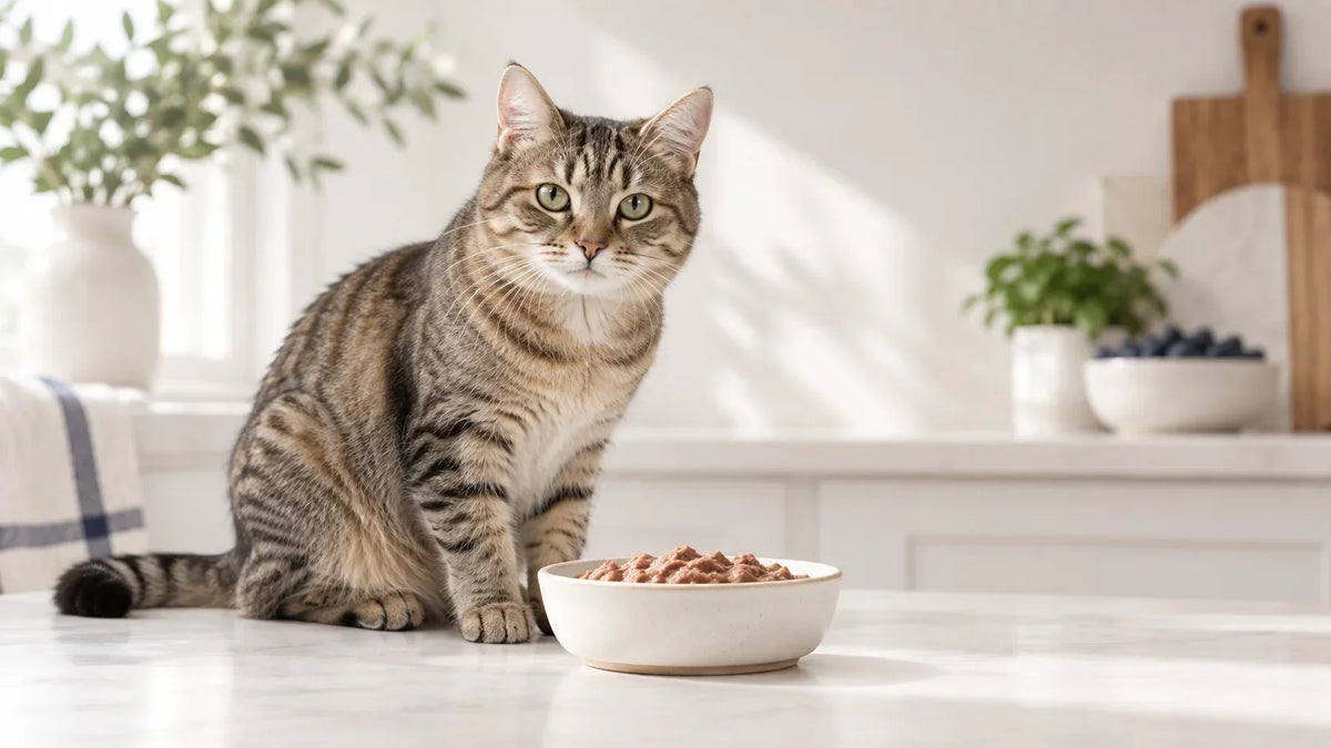 Healthy tabby cat beside wet food as part of a daily probiotic feeding routine.