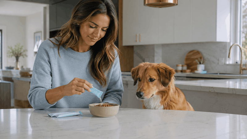 Dog owner giving a probiotic supplement to a dog with sensitive digestion