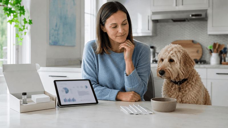Pet owner comparing dog probiotics with an at-home gut microbiome test