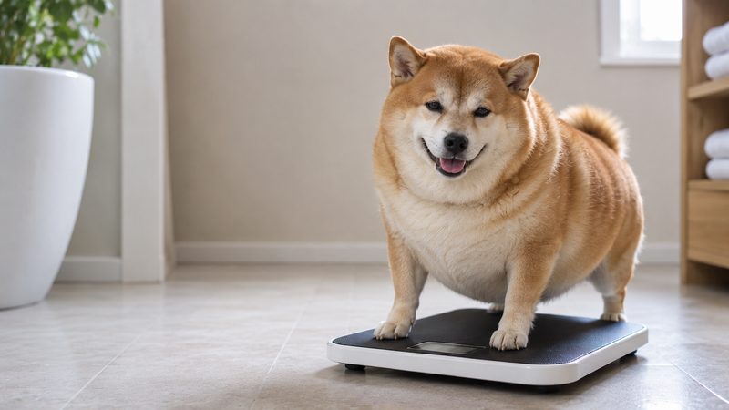 Overweight dog standing on a scale for a blog about research showing why overweight dogs often have overweight owners.