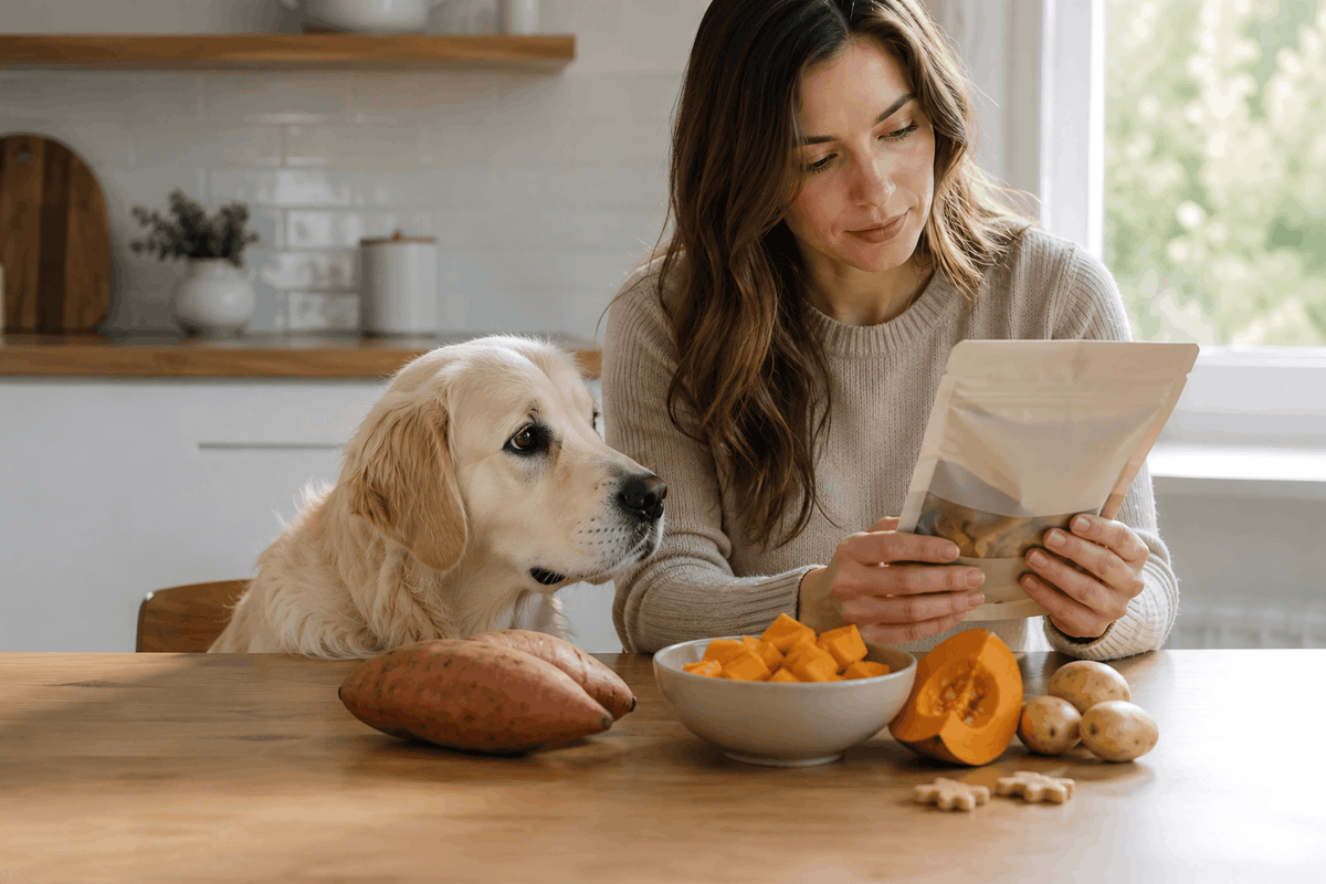Pet owner choosing treats for a dog with meat or food allergies