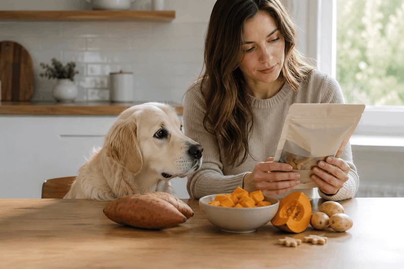 Pet owner choosing treats for a dog with meat or food allergies