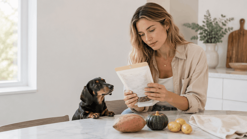 Pet owner choosing treats for a dog with meat or food allergies