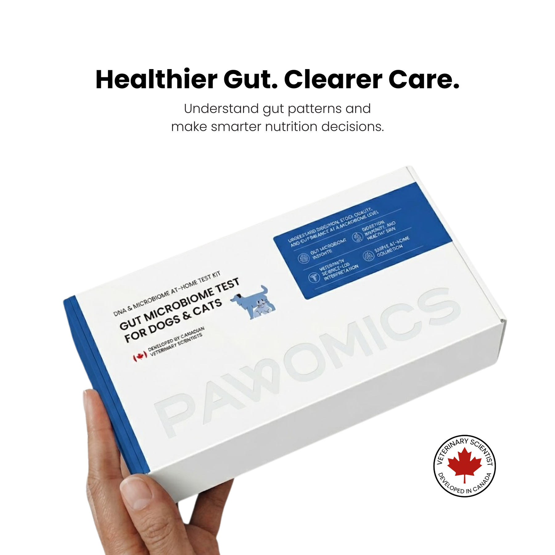 Pawomics gut microbiome test kit showing healthier gut and clearer care messaging for pets