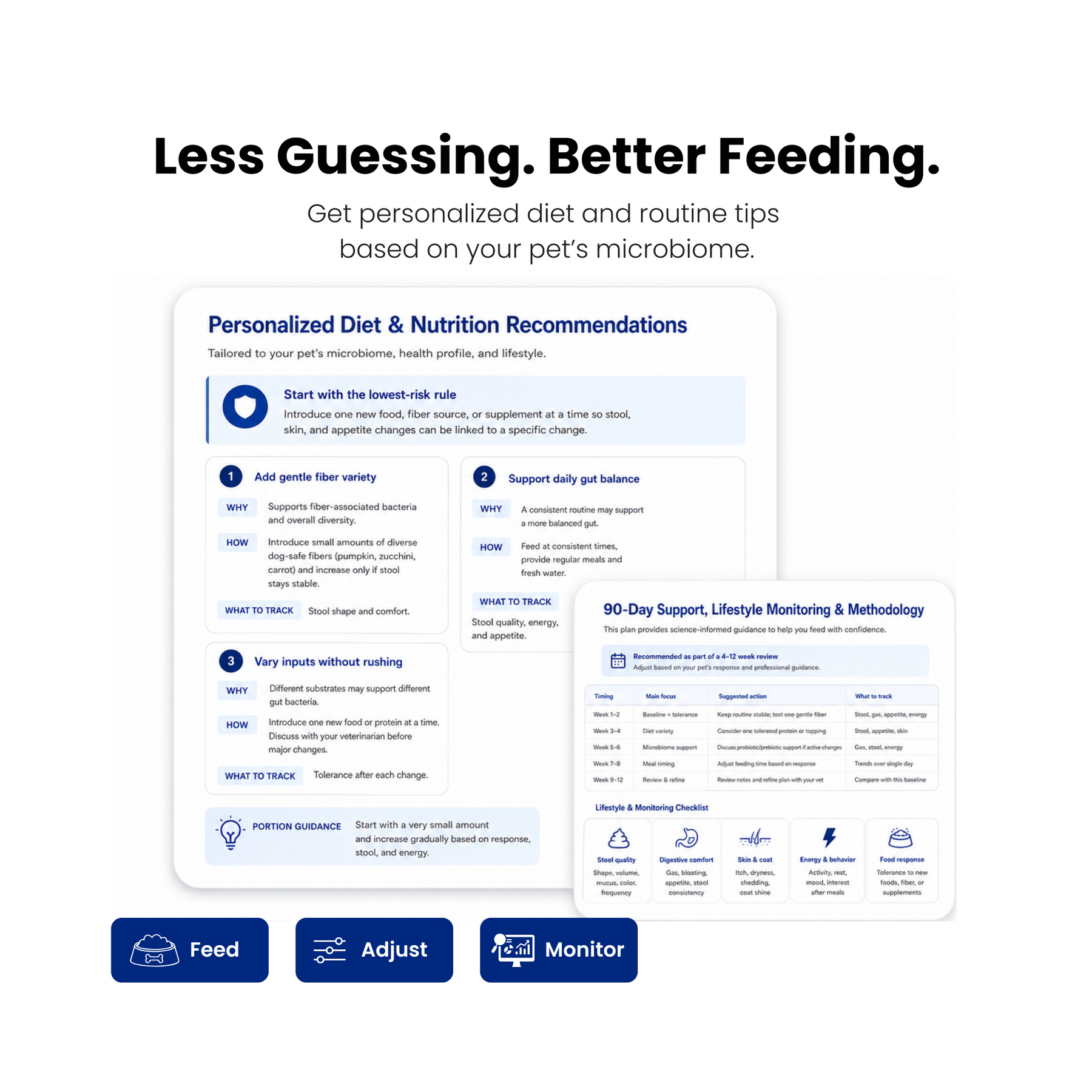 Personalized pet feeding guidance report with diet, fiber, supplement, and monitoring recommendations