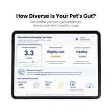 Pet microbiome diversity report showing Shannon diversity, species richness, and healthy range comparison