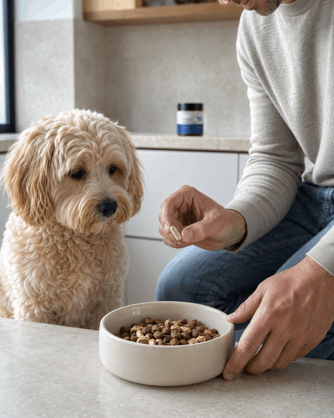 Dog owner preparing a probiotic capsule beside a dog’s food bowl.