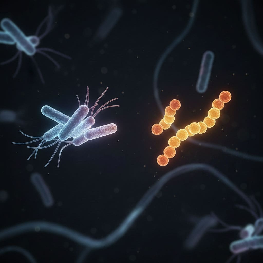 Microscopic view of bacteria labeled BL985 and TWK10 on a dark background