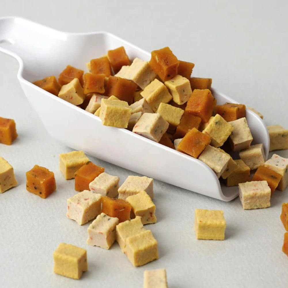Assorted dog treats in a white scoop on a light gray background