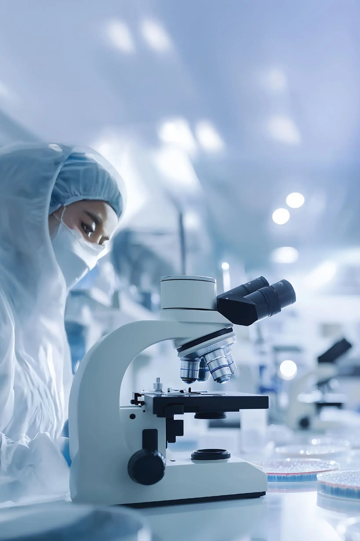 Scientists in a laboratory setting with microscopes and lab coats.