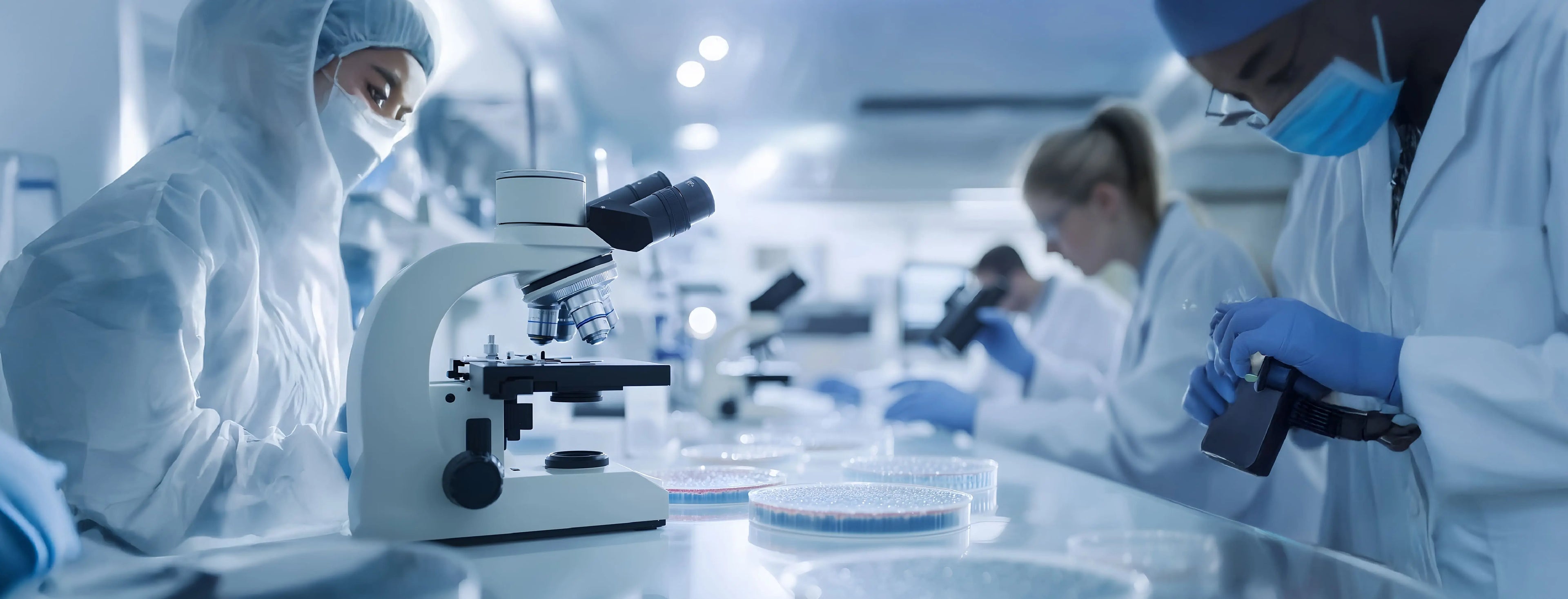 Scientists in a laboratory setting with microscopes and lab coats.