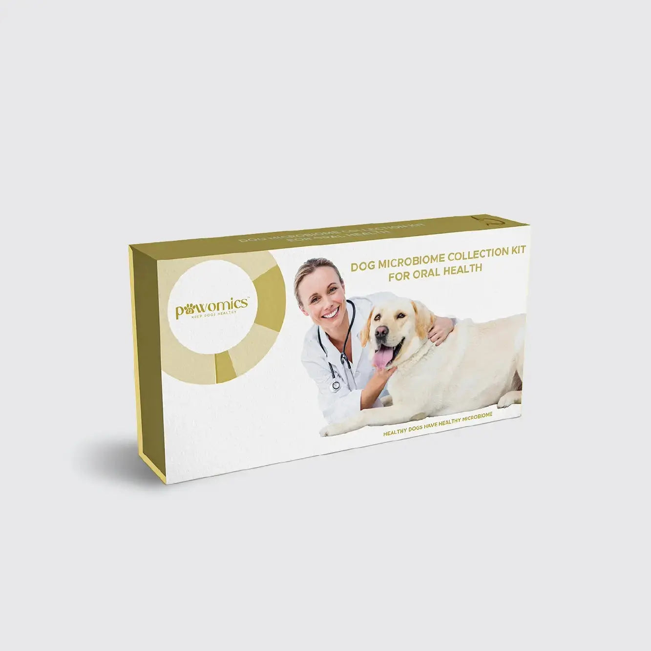 Dog microbiome collection kit for dental health packaging with a dog and a person on a white background