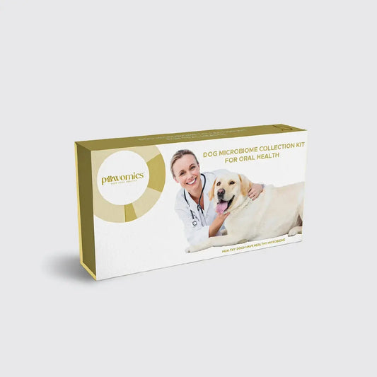 Dog microbiome collection kit for dental health packaging with a dog and a person on a white background