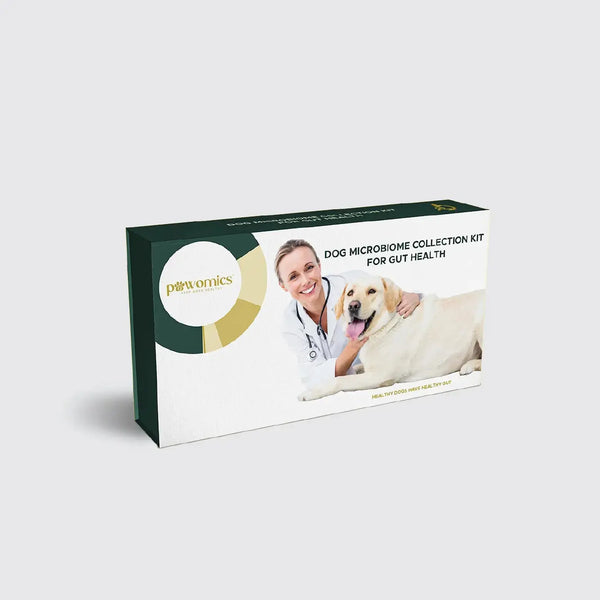 Dog microbiome collection kit for gut health packaging with a person and dog on a white background