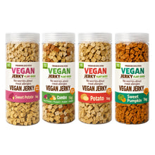Four jars of vegan jerky with different flavors on a white background