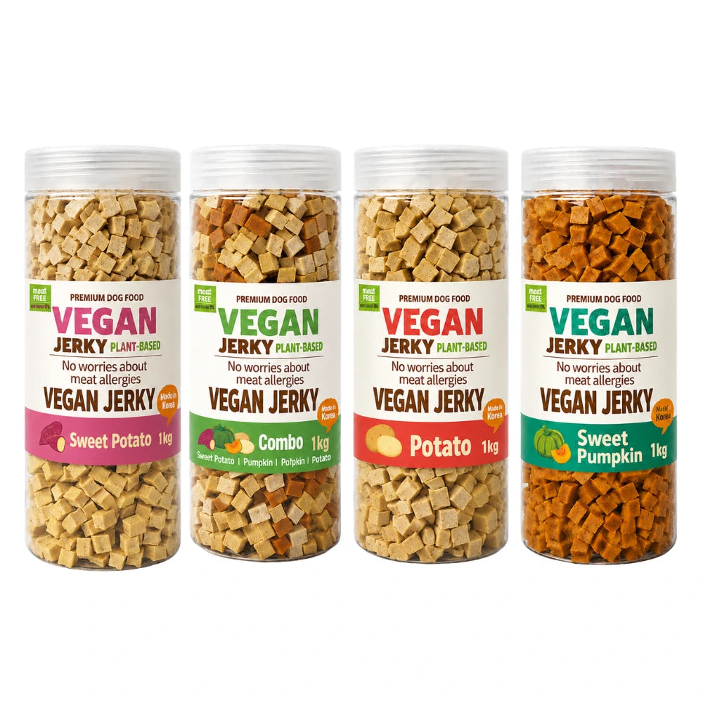 Four jars of vegan jerky with different flavors on a white background