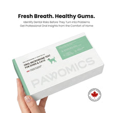 Pawomics oral microbiome test kit for dogs and cats held by a hand on a white background