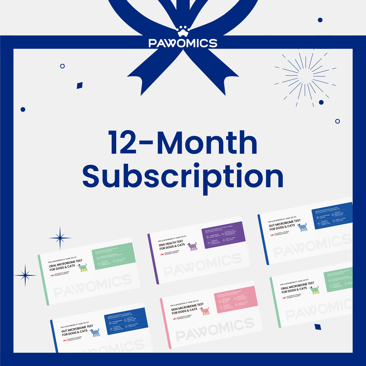 Pawomics 12-month subscription package with digital product cards on a white background.