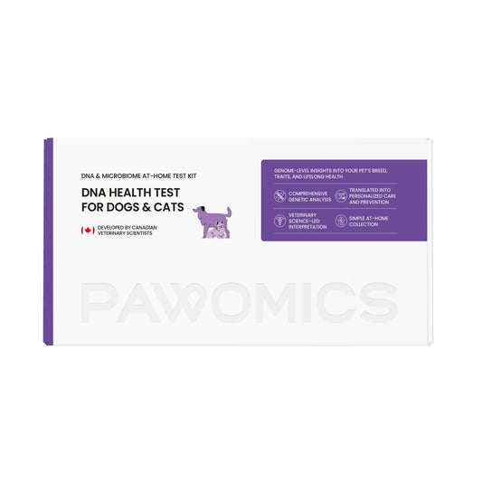 Pawomics DNA health test kit for dogs and cats on a white background
