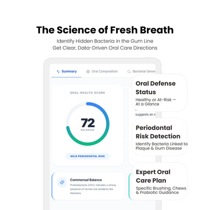 Oral health assessment app interface with a summary of oral health score and features.