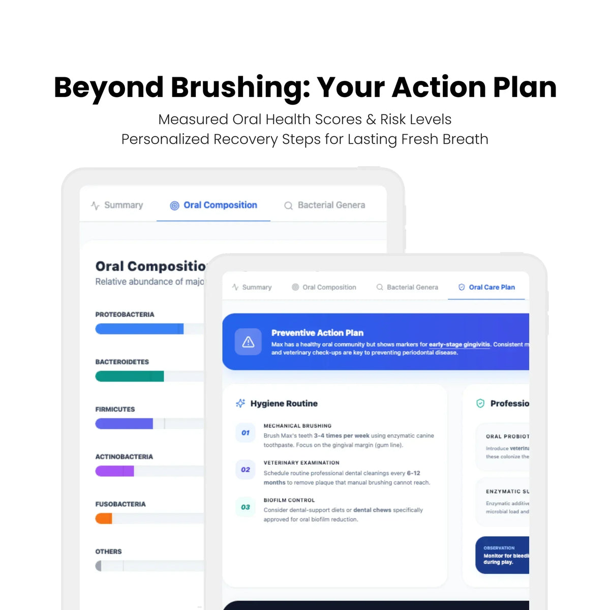 Screen displaying oral health analysis with personalized action plan on a white background