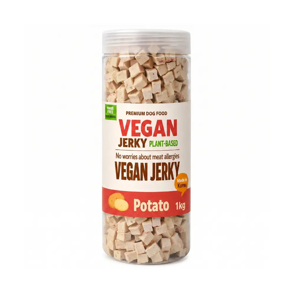 Jar of vegan jerky with a white label on a white background