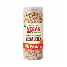 Jar of vegan jerky with a white label on a white background