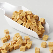 Square-shaped dog treats on a white dish with additional treats scattered on a light gray background
