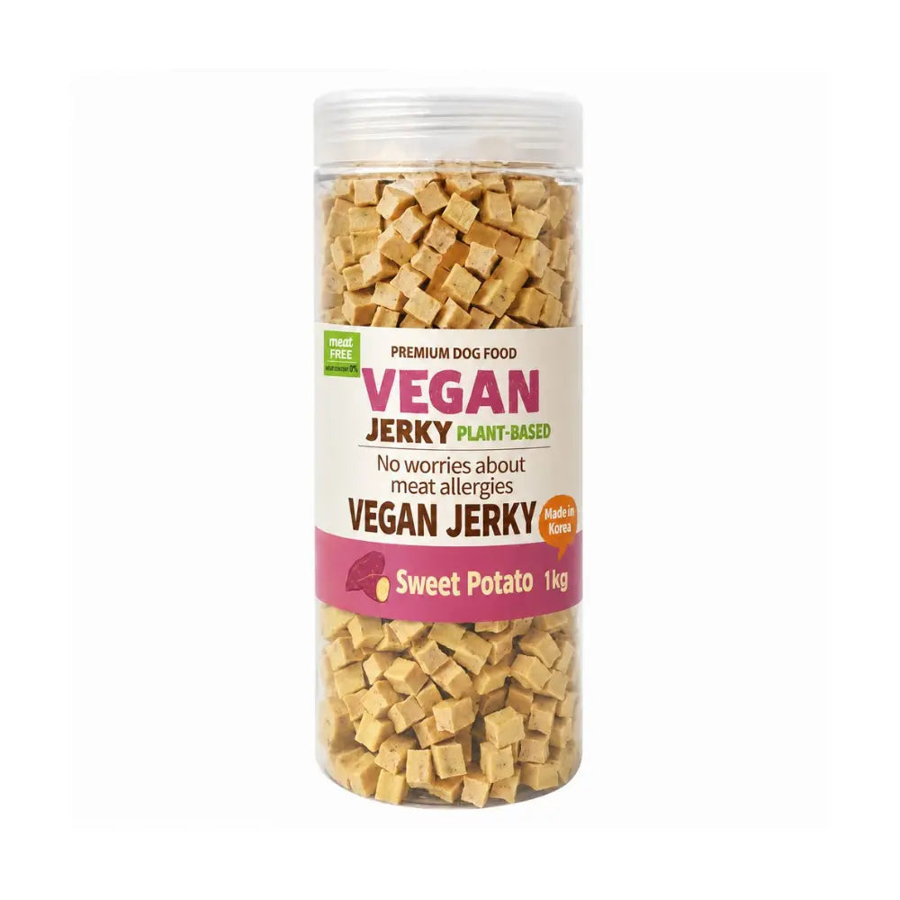 Jar of vegan jerky with sweet potato flavor on a white background