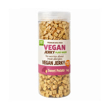 Jar of vegan jerky with sweet potato flavor on a white background