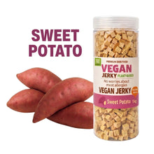 Vegan jerky container with sweet potatoes on a white background