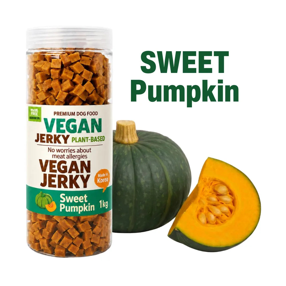 Vegan jerky container with sweet pumpkin and text on a white background