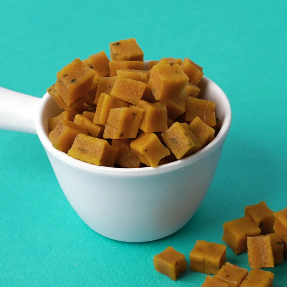 White bowl filled with square-shaped yellow dog treats on a teal background