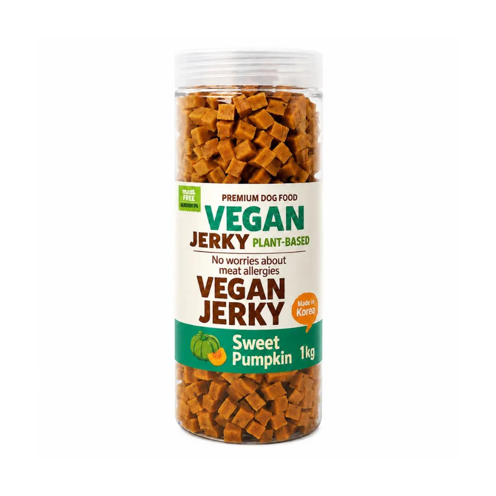 Jar of Vegan Jerky Sweet Pumpkin flavor on a white background