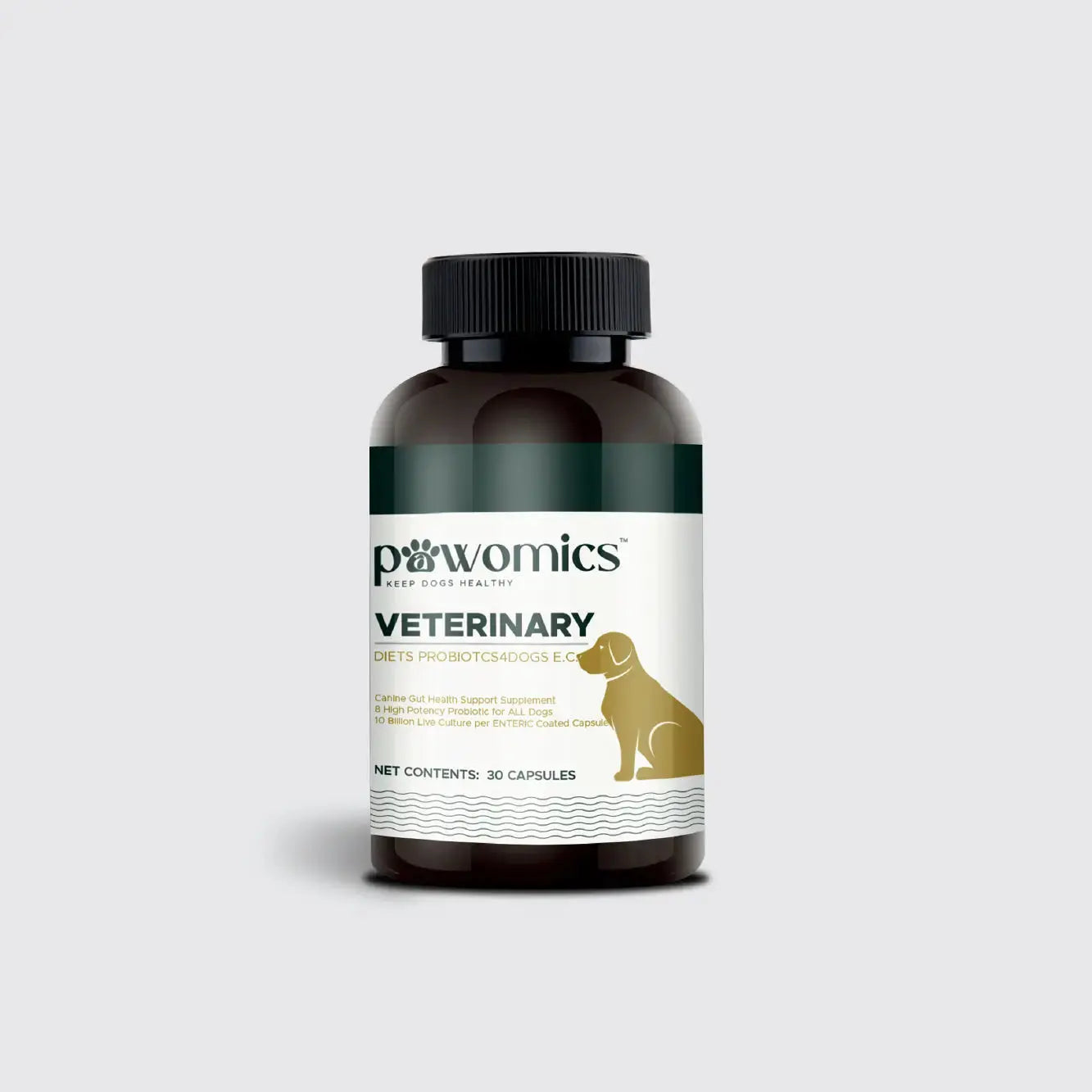Bottle of pawomics veterinary capsules on a light gray background