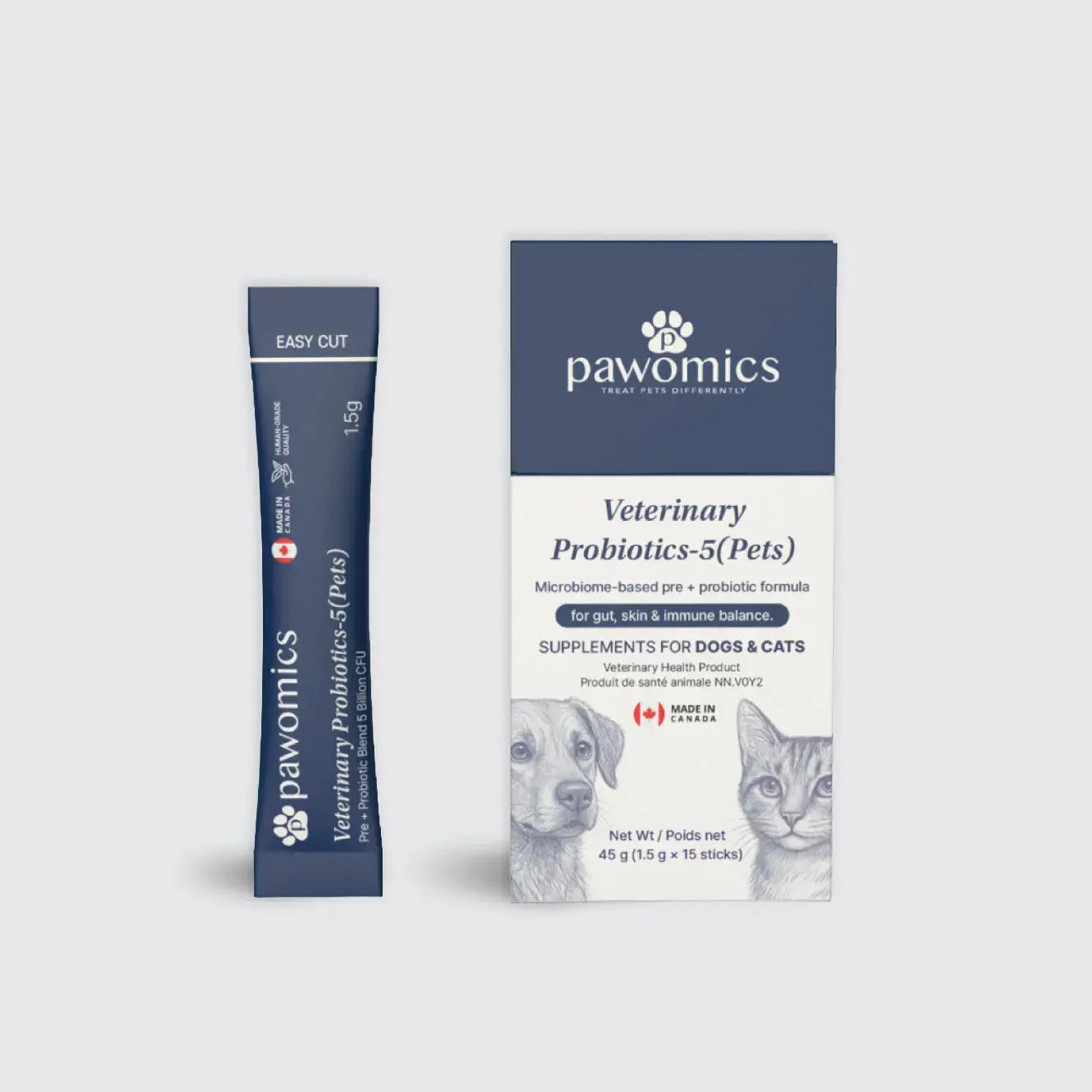 Pawomics Veterinary Probiotics packaging for pets on a light gray background