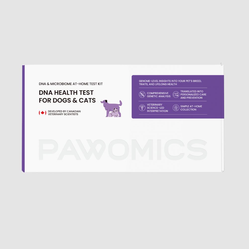 DNA health test kit for dogs and cats by Rawomics on a white background