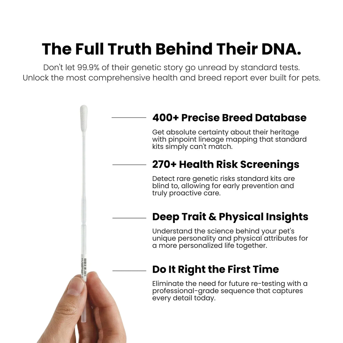 Hand holding a DNA swab beside text promoting comprehensive pet DNA testing, featuring breed database, health risk screenings, trait insights, and accurate first-time results.