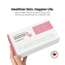 Pawomics skin microbiome test kit for dogs and cats held by a hand on a white background.