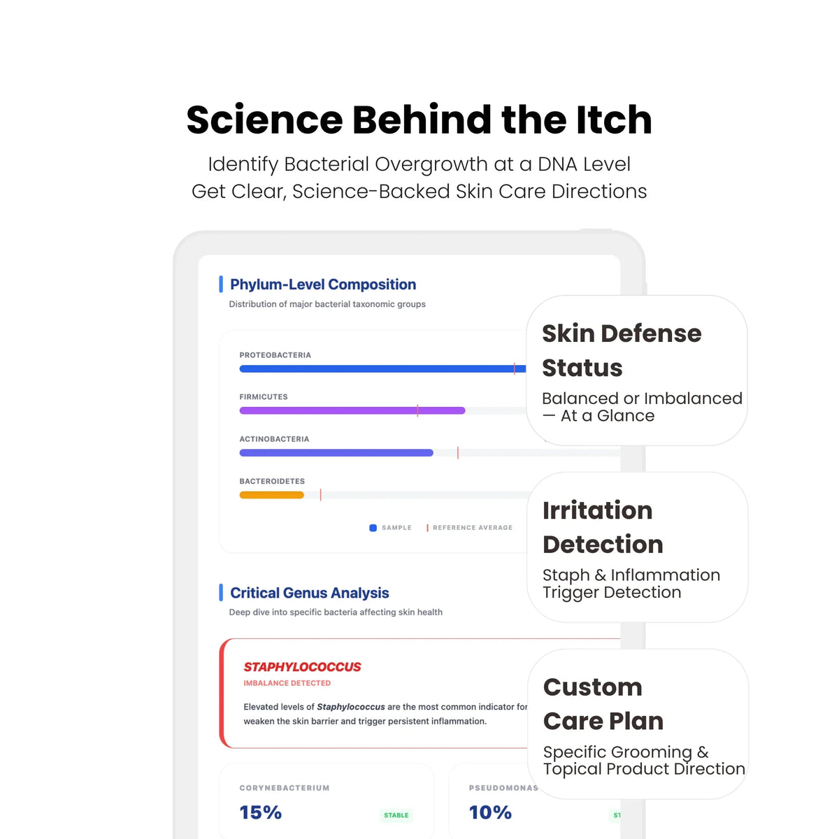 Diagram of skin health analysis with bacterial composition and defense status on a white background