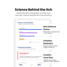 Diagram of skin health analysis with bacterial composition and defense status on a white background