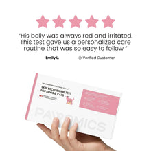 Hand holding a 'Pawomics' skin microbiome test kit with a five-star rating and customer review on a white background.