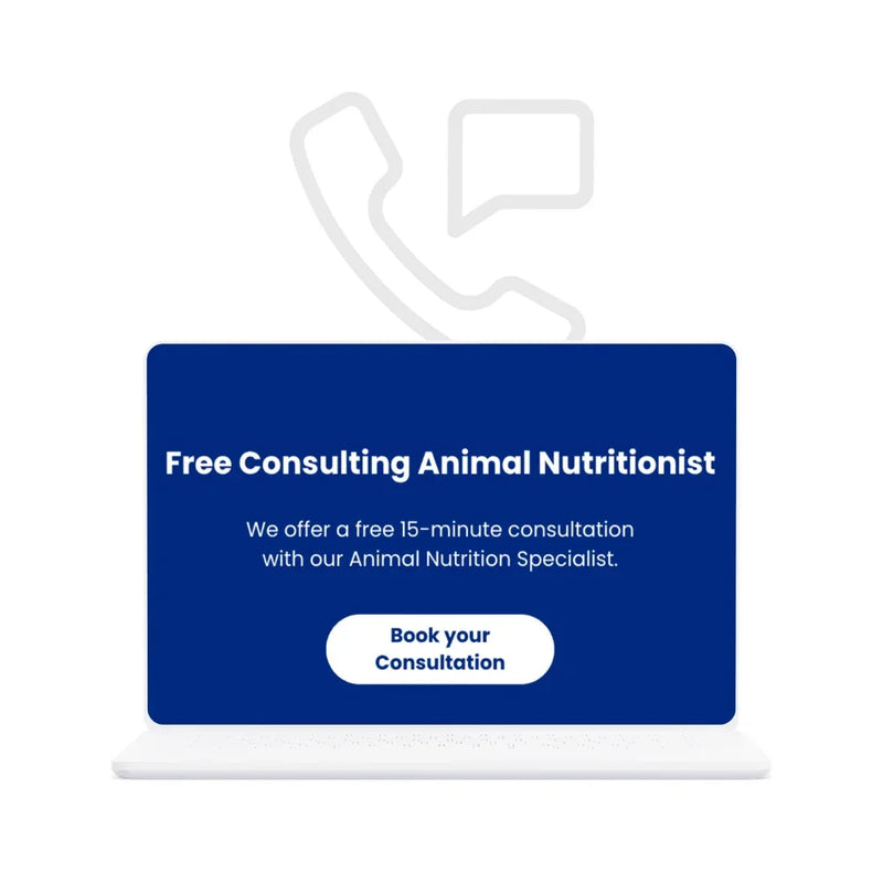 Blue card with text about free consulting animal nutritionist on a white background
