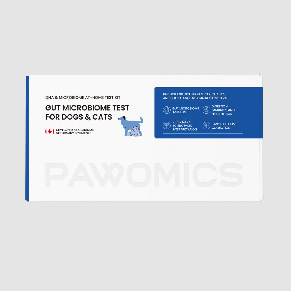 Pawomics gut microbiome test kit for dogs and cats on a white background